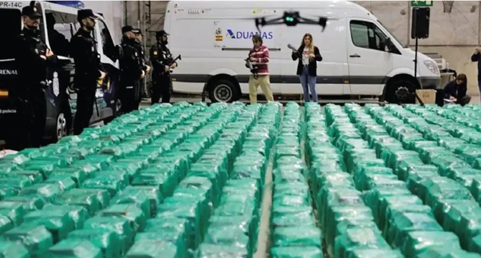 Thirteen metric tonnes of drugs hidden in a shipment of bananas in a container. 