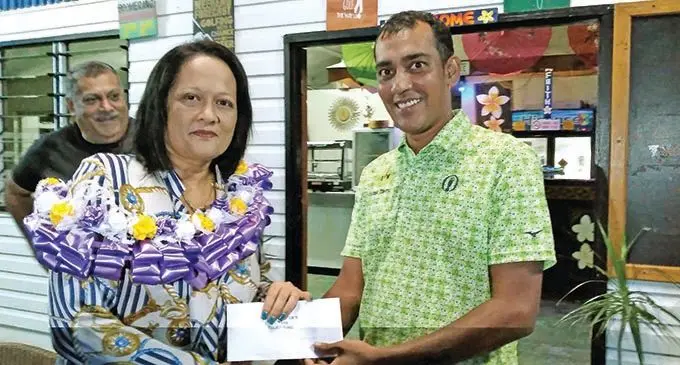 Minister for Education, Heritage and Arts Rosy Akbar receiving the donation from Lautoka Golf Club’s secretary and leading professional Roneel Prakash on February 27, 2021. Photo: Nicolette Chambers 