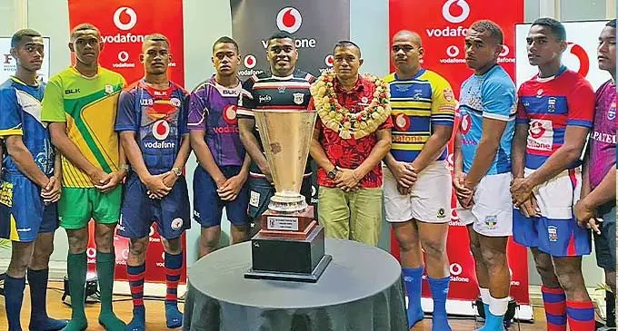 Vodafone Fiji head of recharge and distribution Nilesh Singh with players from the participating schools during the Fiji Secondary Schools Rugby League launch of the 2024 competition at Vodafone Fiji headquarters in Tamavua, Suva, on February 16, 2024. Photo: Ioane Asioli