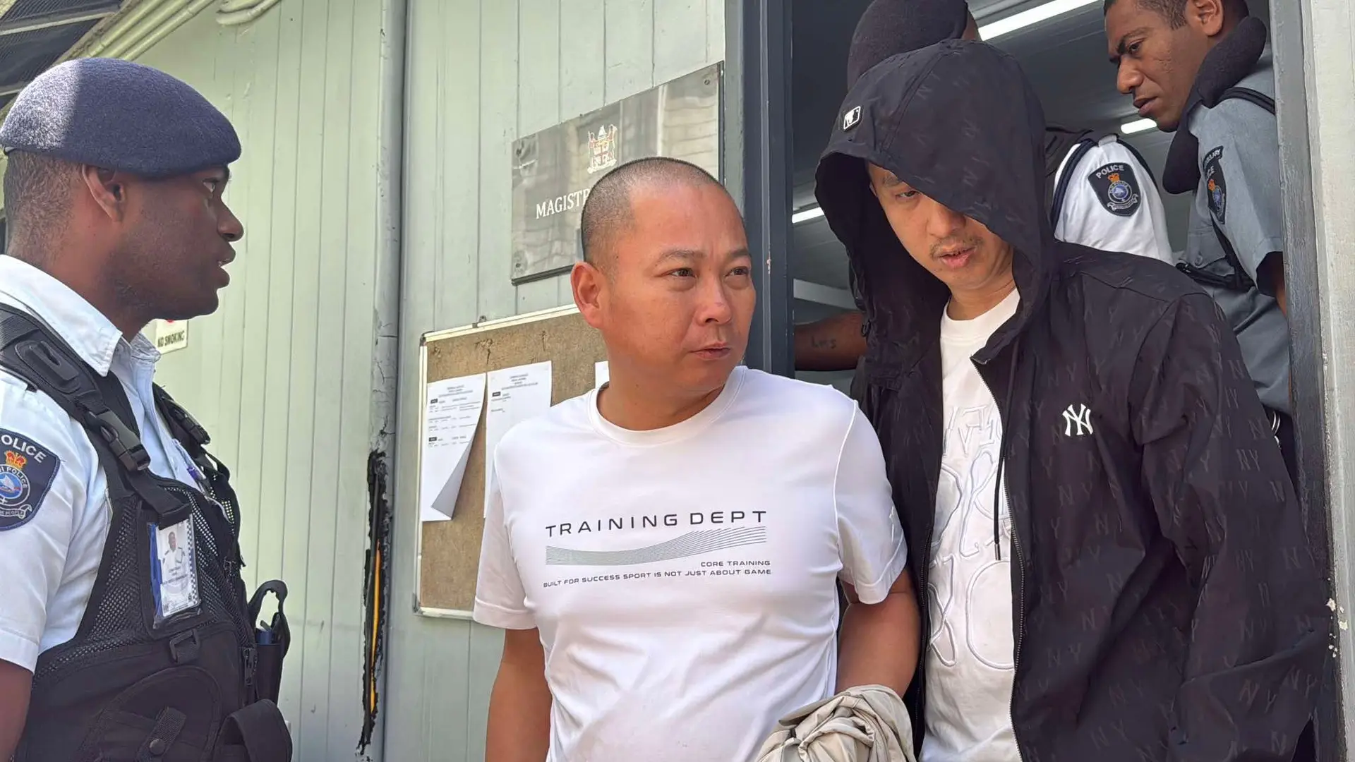 Drug accused Dai Ming Hui and Yu Yuan Fang leaving the Suva Magistrate Court on October 3, 2025.