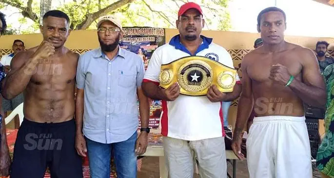 From left: Alivereti Koiyaca, BCF director Usman Ali Lale, promoter Freddy Chand, Savenaca Naliva during the official weighin at the Nair’s Dais in Nadi on March 19, 2021. Photo: Waisea Nasokia