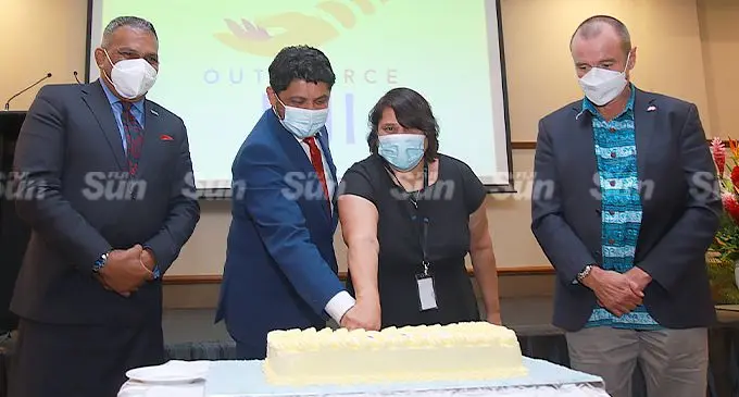Minister for Commerce, Trade, Tourism and Transport, Faiyaz Koya is flanked by Acting Prime Minister and Attorney-General Aiyaz Sayed-Khaiyum, Business Process Outsourcing (BPO) Council of Fiji president, Carol Watkins, and Australian Ambassador to Fiji, John Feakes, at the Business Process Outsourcing (BPO) Council of Fiji brand launch at the InterContinental Grand Pacific Hotel in Suva on February 3, 2022. Photo: Leon Lord