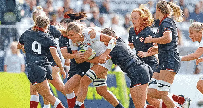 Zoe Aldcroft of England is tackled during their Rugby World Cup 2021 semifinal match against Canada at Eden Park in Auckland, New Zealand on November 05, 2022. Photo: Hagen Hopkins /World Rugby