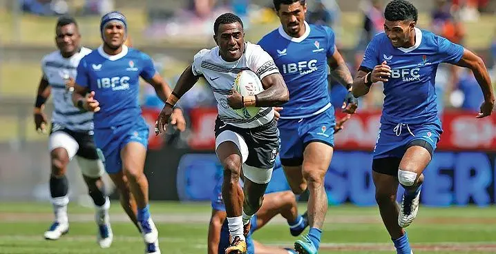 Fiji Airways Fijian sevens winger Filipe Sauturaga races for the try line during their match against Samoa at FMG Stadium, Hamilton, New Zealand on January 21, 2023. Photo: World Rugby