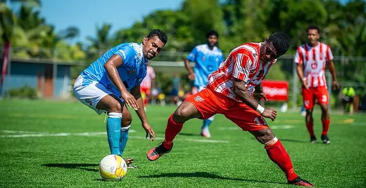 Labasa football striker Ilisoni Lolaivalu tries to control the ball against Tailevu/Naitasiri in the Digicel Fiji Premier League clash at the Uprising Sports Centre in Pacific Harbour, Deuba, on April 2, 2023. Labasa won 2-1. Photo: Leon Lord