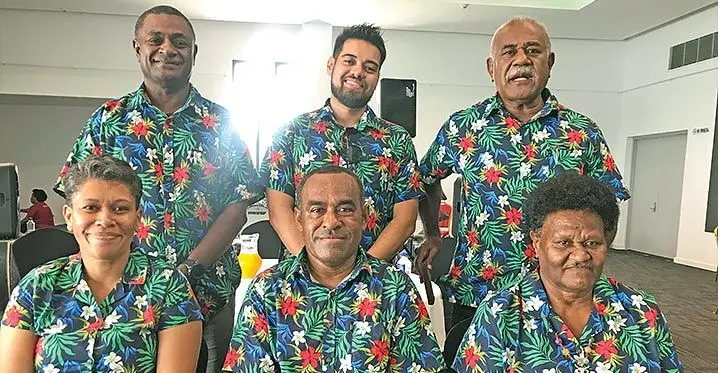Fiji National Sports Commission board members during the annual sports conference at the Harbour Point Convention Centre in Lami, on March 4, 2023. Back (from left): Ame Naivalu, George Fong and Simione Rasova. Sitting (from left): Lusiani Rokoura, Ministry of Youth and Sports permanent secretary Rovereto Nayacalevu and Elesi Ketedromo. Photo: Sereana Salalo