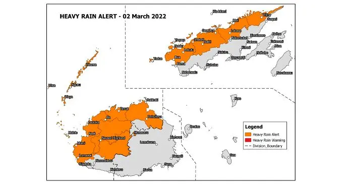 Heavy Rain Alert Map that was issued by the Fiji Meteorological Service National Weather Forecasting Centre at 10.55am today, 2nd March, 2022.
