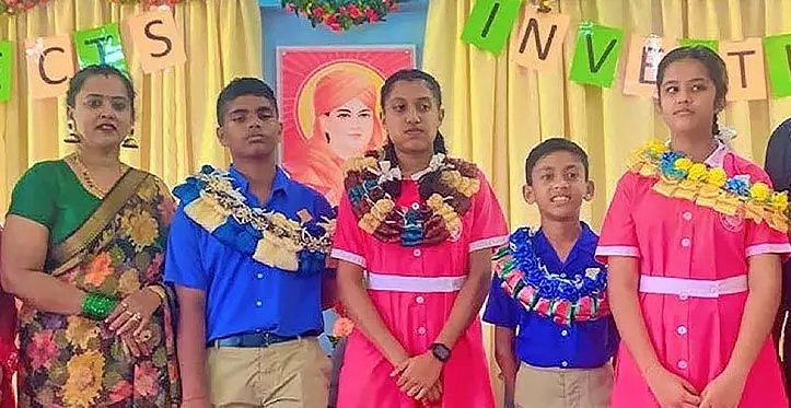 From left: Gurukul Primary School head teacher Sharmila Chand, head boy Pranav Mudaliar, head girl Shania Nair, Deputy head boy Veer Ram, Deputy head girl Aleisha Chand during the school’s prefects induction ceremony on March 14, 2023 in Lautoka. Photo: Salote Qalubau