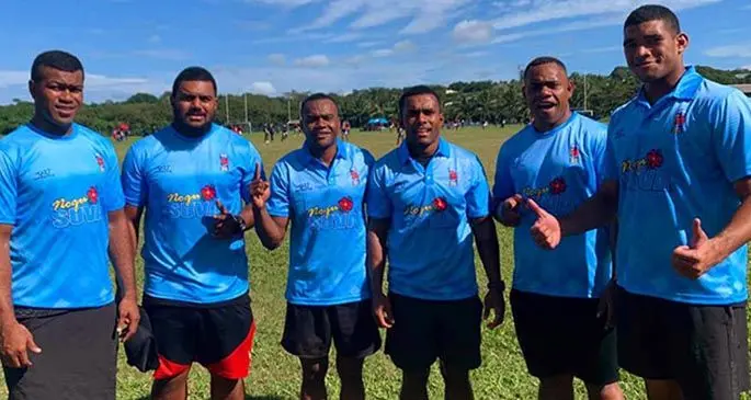 Suva rugby players, from left: Meli Kurusaru, Mesulame Dolokoto, Alosio Naduva, Terio Tamani, Livai Ikanikoda and Meli Derenalagi during the launch of the Suva Rugby Union pre season at Bidesi Park on July 18, 2020. Photo: Suva Rugby