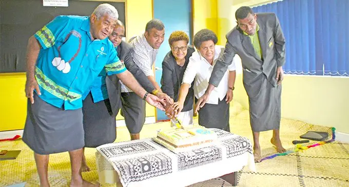 Permanent Secretary for iTaukei Affairs Naipote Katonitabua (third from left) with other staff members  celebrate International Day of the World's Indigenous People. Photo: Ministry of iTaukei Affairs