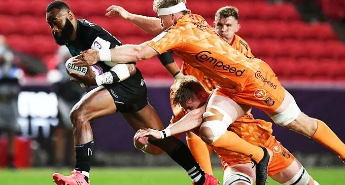 Bristol Bears winger Semi Radradra runs away from the Dragons defence during the European Challenge Cup at Ashton Gate in Bristol, London on September 19, 2020. Photo: Bristol Live