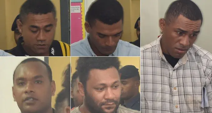 Top L-R: Elia Marau and Ilikena Nuivusa, Bottom L-R: Eliki Kabakanavanua and Veremo Waisale and Pita Maitoga (RIGHT) at the Nadi Magistrates Court on March 31, 2020. Photo: Waisea Nasokia