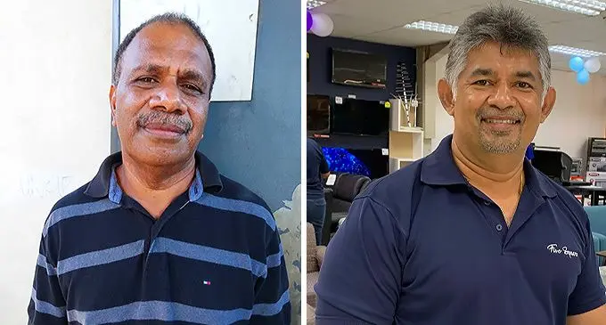 Peniame Niulevu Sailada one of the three winners of the Five Squares Easter Platinum Promotion with Five Squares and Five Squares Chief Executive Officer, Anil Senewiratne.