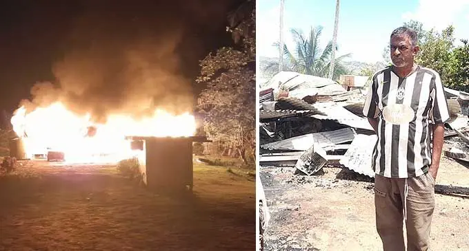 Devendra Kumar (R) standing in front of his house which was burnt (Left) in Coqeloa, Labasa on October 4, 2022.