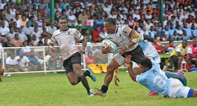 Amenoni Nasilasila (with ball) of Nadroga leads the charge against Suva during the Farebrother Sullivan challenge match at Nadi’s Prince Charles Park on July 20, 2019. Nadroga won 24-13. Lautoka is the next challenger. Photo: Waisea Nasokia