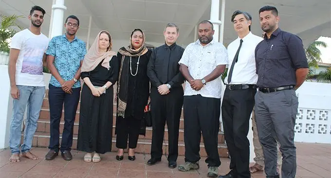 From left Zoyal Ali, Lavetanalagi Seru, British High Commissioner Melanie Hopkins, Mrs Fololeni Curr, New Zealand High Commissioner Jonathan Curr, Minister for Health and Medical Services Dr Ifereimi Waqainabete, French High Commissioner Sujiro Seam and Avinit Narayan at the Toorak mosque to pray and show their respects to the victims of the Christchurch terror attacks on March 16, 2019. Photo: Simione Haravanua. 