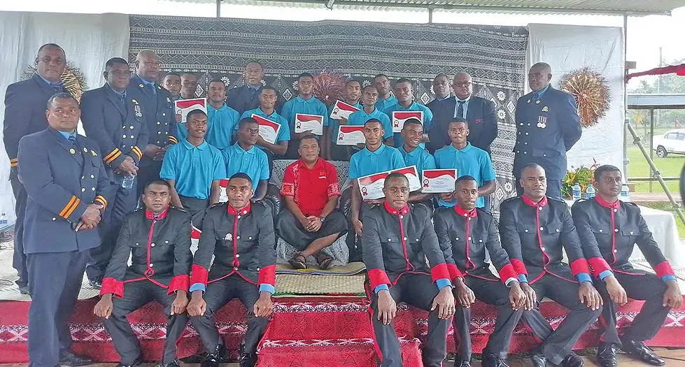 Minister for Local Government Maciu Nalumisa (middle), the 15 commissioned fire wardens (blue) with senior and junior firefighters in Labasa on January 19, 2024. Photo: Jone Salusalu