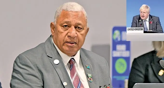 Prime Minister Voreqe Bainimarama at the COP26 in Glasgow, Scotland, on November 3, 2021, during the launch of the ‘Infrastructure for Resilient Island States’ (IRIS).  Photo: Office of the Prime Minister   Insert: British Prime Minister Boris Johnson.