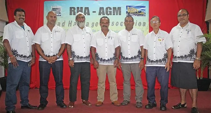 The Road Haulage Association executive members from left Assistant Secretary Manoj Jeet,newly appointed Vice President West Asad Khan,newly appointed Vice President North Taiyab Hussain,President Hector Smith,newly appointed Treasurer Mohammed Sahib,General Secretary Humphrey Chang and Vice President Central Mosese Volavola during the AGM at the Novotel Suva Lami Bay on March 23,2019. Photo: Simione Haravanua.