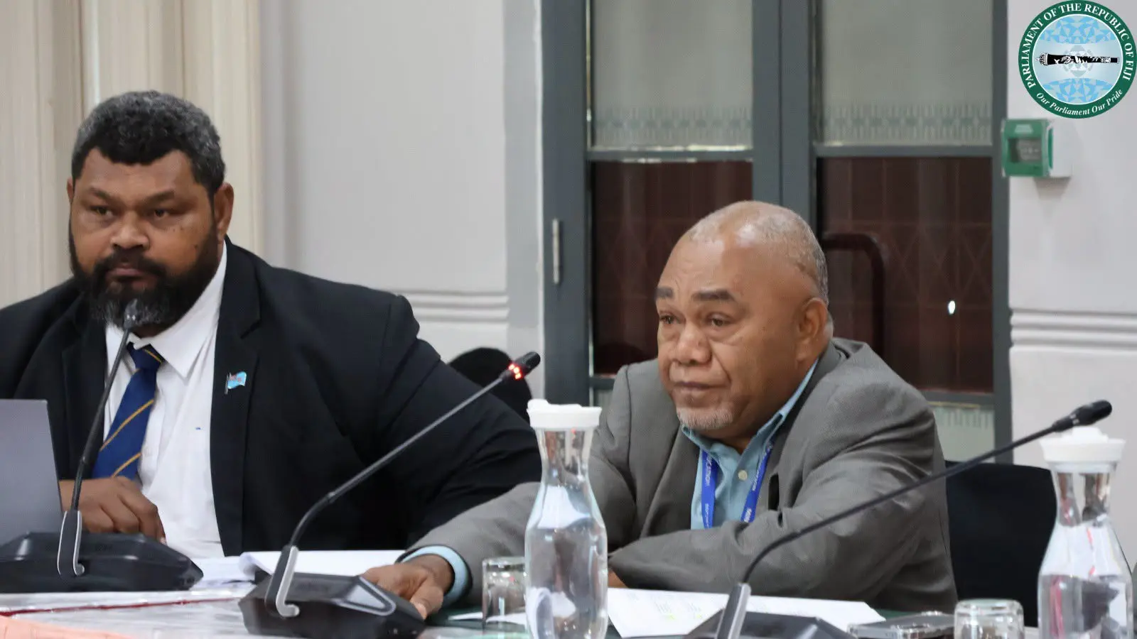 From left: National Water, Sanitation and Hygiene (WASH) coordinator Toga Vosataki and Principal Education Officer with the Assets and Infrastructure Service of the Ministry of Education, Akuila Raibe. Photo: Parliament of Fiji