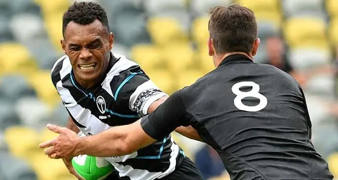 Fiji Airways Fijian 7s squad member, Sireli Maqala fends off a New Zealand player during the Oceania 7s on June 26, 2021. Photo: Oceania Rugby