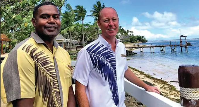 Shangri-La Fijian Resort and Spa resident manager, Chris Hamilton (right) and sales coordinator Saimoni Komaiwaca. Photo:Rosi Doviverata.