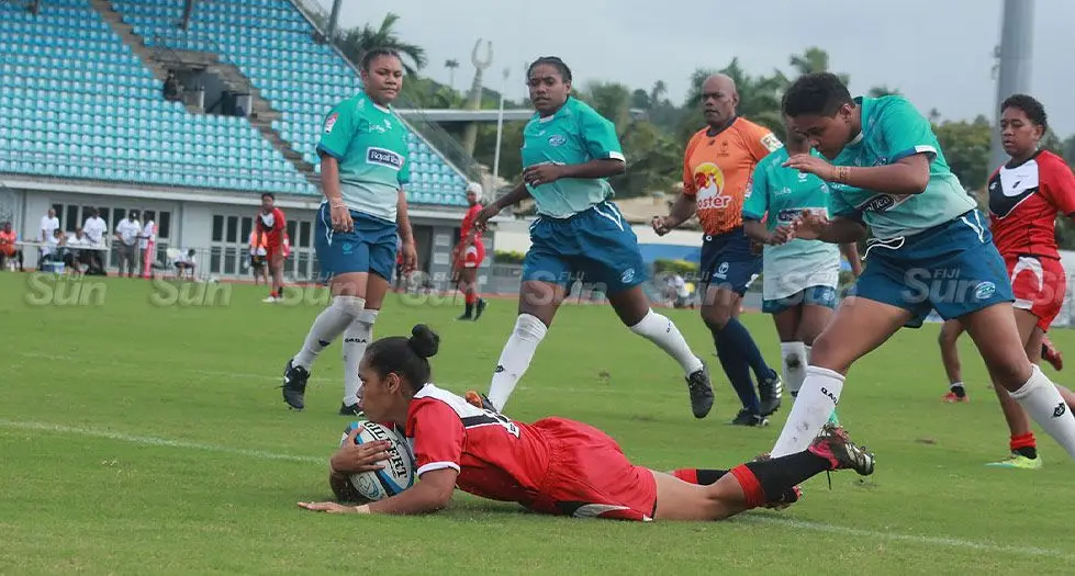 Adi Cakobau School Under-18 rugby sevens side scores a try against Rampur College at the HFC Bank Stadium, Suva, on May 25, 2024. Photo: FRU Media 
