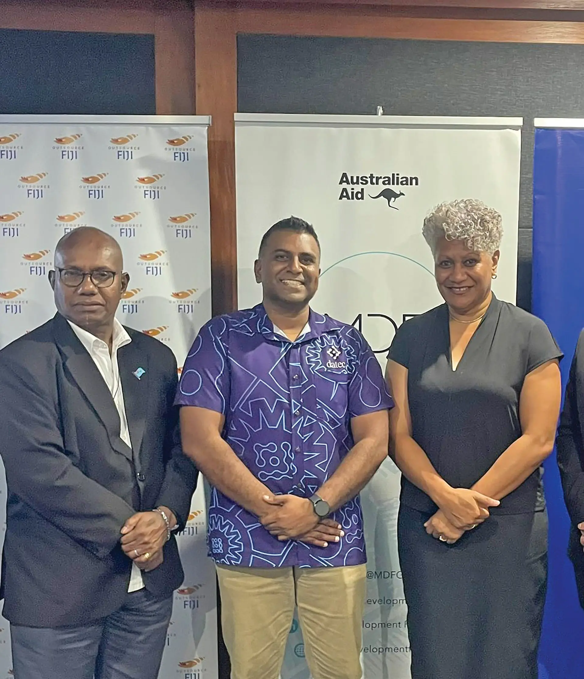 From left, Higher Education Commission director Dr Eci Naisele, Datec chief executive officer, Vinit Nand and MDF Fiji country director Kelera Cavuilati on December 11, 2025. 