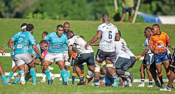 Suva forwards try to stop Nadroga’s attack during the Skipper Cup competition at Lawaqa Park, Sigatoka on April 14, 2024. Photo: Leon Lord