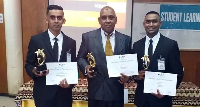 From Left: Students from School of Law Mohammed Zahid Khan, Khalid Hassan and Vignesh Prasad with their certificates at the University of the South Pacific in Labasa on November 3, 2020.