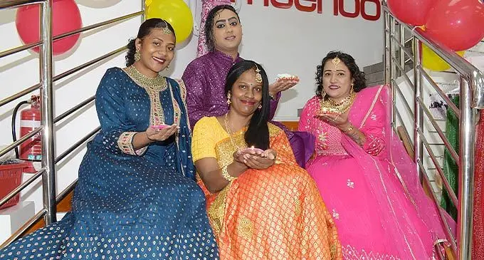 Diwali, a multi racial festival: Meenoo’s Suva staff (from left) Filomena Topau, Frederick Kumar,Ashika Raj and Nazmin Nadan with their Diwali attire collection makring the festival lights on October 19, 2022. Photo: Ronald Kumar