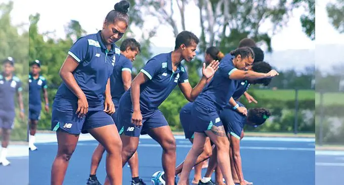 Rooster Chicken Fijiana Drua captain Bitila Tawake (left) and her team-mates during training in Brisbane, Australia, on April 6, 2022. Photo: FRU Media