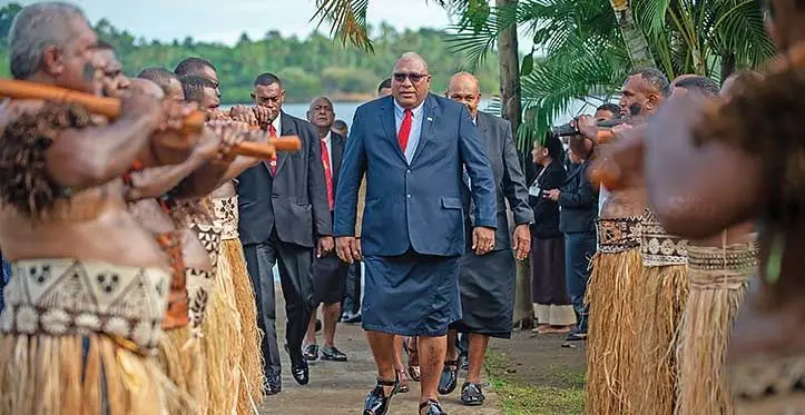 President Ratu Wiliame Katonivere is accorded a traditional escort upon arrival for the GCC meet on the chiefly island of Bau on May 24, 2023. Photo: Leon Lord
