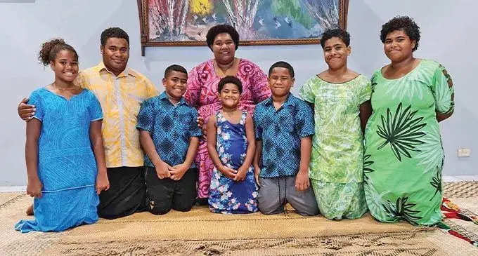 Newly-appointed FijiFirst party president Marama na Taukei Naua Adi Tema Varo Sovau with her family (from left): Mereoni Abigail Uluinadi, husband Jo Uluinadi, Joseva Uluinadi aka Juju, Salome Faith Masibana Uluinadi, Adi Tema Sovau, Jordan Lagilagi Tuiono Uluinadi, Emelini Deborah Uluinadi and Mereani Lydia Uluinadi at Saunaka Village in Nadi. 