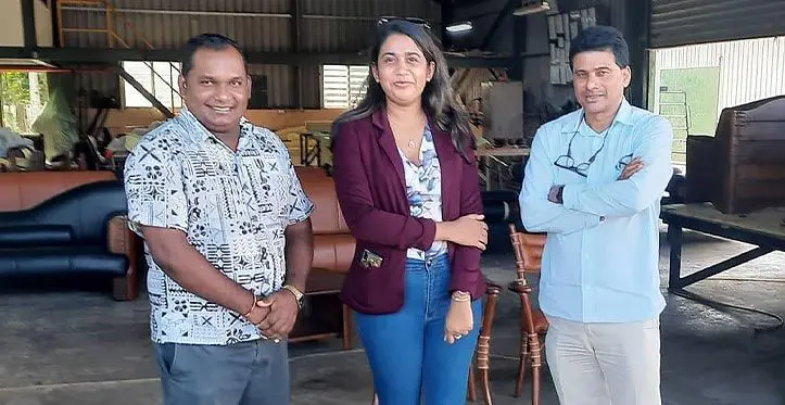 South Pacific Stock Exchange acting chief exexcutive officer, Pretesh Sharma, and SPX listings and compliance officer, Shyama Verma, at Pacific Green Industries with acting chairman and chief executive officer, Ravin Chandra, in a file picture dated 2022.