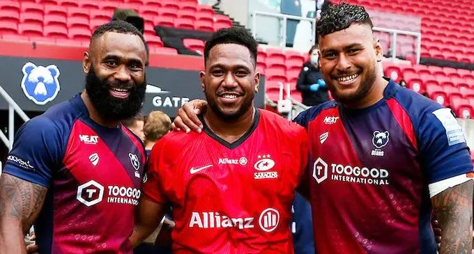 Fijian 3: From left, Semi Radradra, Eroni Mawi and Nathan Hughes after their Gallagher Premiership clash at Ashton Gate in Bristol on August 15, 2020. Mawi played for Saracens while Radradra and Hughes represented Bristol Bears.  Radradra and Mawi play for the Flying Fijians while Hughes was a former Fijian Warriors captain before representing England.  Photo: Bristol Bears
