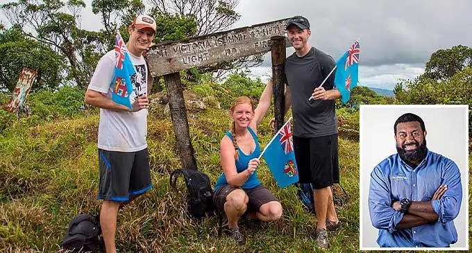 Tourists at Mount Tomaniivi in Navai Village, Viti Levu. Inset: Viliame Waqalevu. 