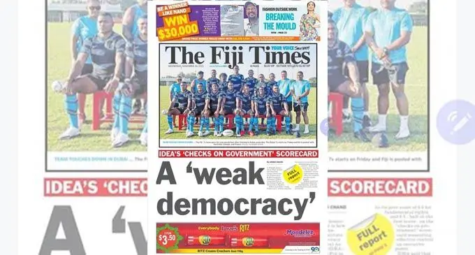 The Fiji Times front page on the 24th of November,2021 about the International Institute for Democracy and Electoral Assistance (IDEA) Report 
