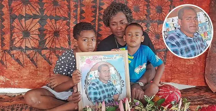 Siteri Verevakalau (middle) with her children Kelera Vuatalevu, 8, and Mosese Talemainaivalu Junior, 4, at their home in Naulu, Nakasi, on March 30, 2023. Inset: The late Mosese Talemainaivalu. Photo: Wati Talebula-Nuku