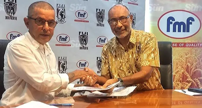 FMF Managing Director Sanjay Punja (left), with Fiji National Rugby League chairman Rear Admiral (Ret’d) Viliame Naupoto, in Suva on December 7, 2021. Photo: Simione Haravanua