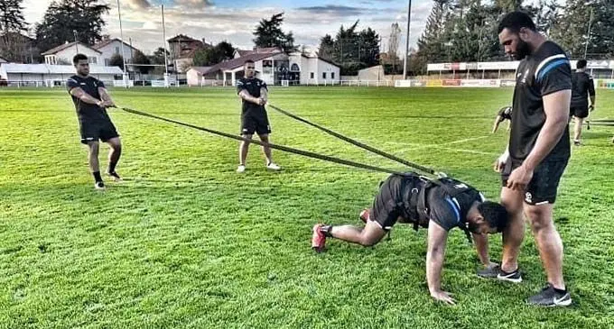 Flying Fijians team with assistant coach Richie Gray, during training in St Galmiers in France on November 12, 2020.