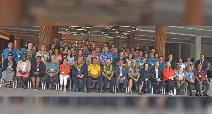 Tonga Ministry of Health chief executive officer and chair of the Pacific Heads of Health Meeting Dr Siale ‘Akau’ola (third from left), World Health Organisation WHO Representative for the South Pacific Dr Mark Jacobs (fifth from left) and Permanent Secretary Dr James Fong (sixth from left) with participants during the 14th Pacific Heads of Health meeting at Sheraton Fiji Golf & Beach Resort in Nadi. Photo: Mereleki Nai
