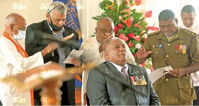 Religious group representative bless the Head of State, President Ratu Wiliame Katonivere, during the Presidential inauguration at State House on November 12, 2021. Photo: Ronald Kumar