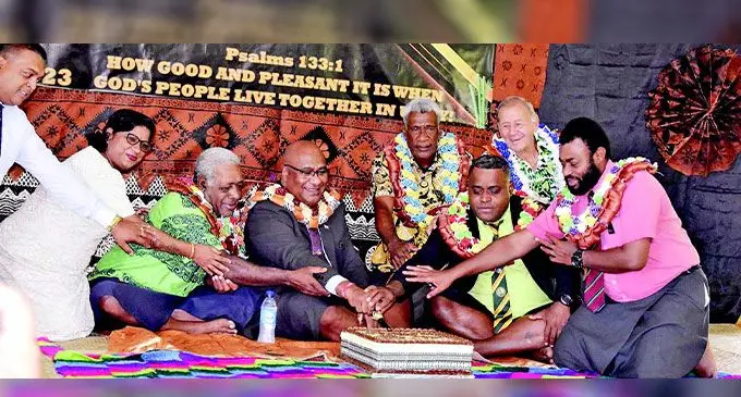 Deputy Prime Minister and Minister for Trade, Cooperatives, Small Medium Enterprises and Communications Manoa Kamikamica (seated centre) with guests and members of the Lovia Cooperative Limited during the 50th Anniversary of Lovia Co-operative Limited at Gusuisavu Village in Naitasiri on July 27, 2023. Photo: Ministry of Trade, Cooperatives, Small Medium Enterprises and Communications 