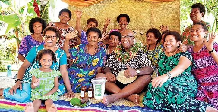 Deputy Prime Minister and Minister for Trade Co-operatives and Small and Medium Enterprises and Communications, Manoa Kamikamica with the members of Bia-i-Cake Women’s Co-operative Limited in Savusavu on May 3, 2023.