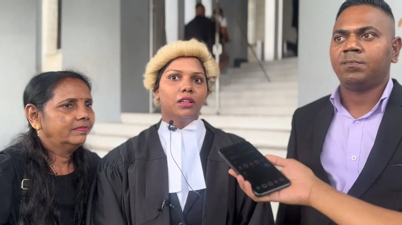 Newly-admitted lawyer Payaz Sharma (centre) with her mother-in-law Rohini Lata and husband Ronal Singh after her swearing-in at the Suva High Court on November 14, 2025.