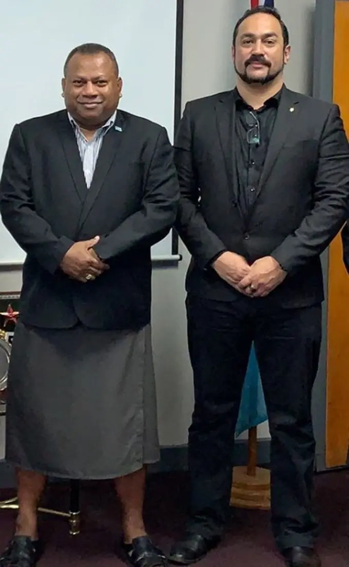 Minister for Defence and National Security, Inia Seruiratu with Transnational crime specialist Jose Sousa-Santos.