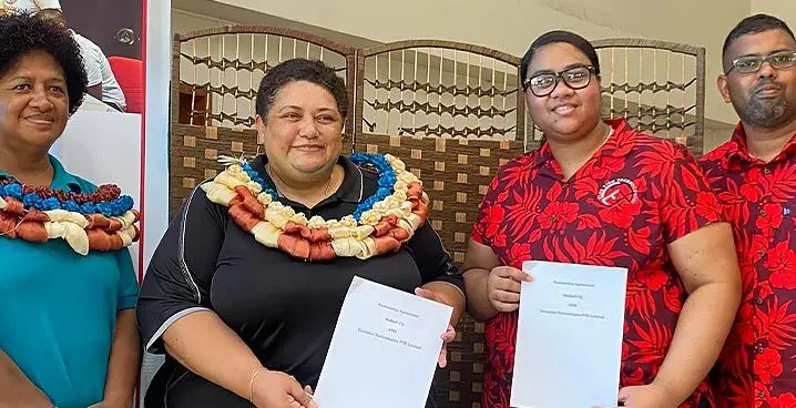 From left: Netball Fiji executive member Ledua Vaka, chief executive officer Vivian Koster, Elevation Technology founding members; Olivia Bula and Navinesh Chand during the Netball Fiji website launch at the Harvest Plaza, Kinoya, on January 23, 2023. Photo: Sereana Salalo