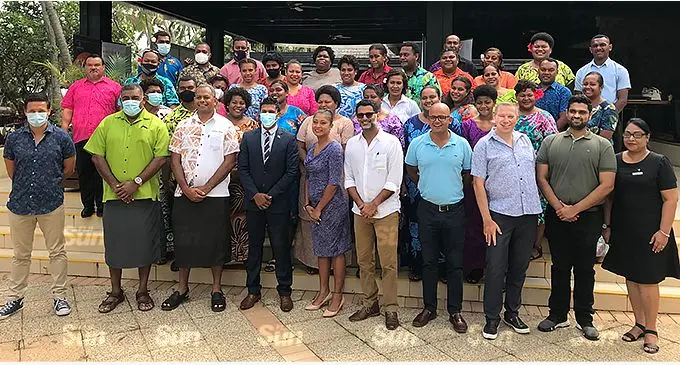 Fiji National Provident Fund board member Joel Abraham (front-fourth from left) with Multi Property Vice President Fiji and Samoa Marriott International and General Manager Westin and Sheraton Resorts Fiji Complex Neeraj Chadha (front-sixth from left) with the management team and staff of Marriott Fiji Hotels & Resorts during the Fiji Marriott Training Academy Launch at the Westin Fiji Resort on Denarau on November 15, 2021. Photo: Waisea Nasokia.