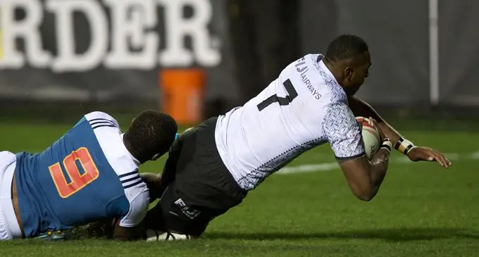 Fiji Airways Fijian 7s prop Maleli Kunavula dives score to score a try against France during the pool clash of the USA Sevens at the Sam Boyd Stadium, Las Vegas in USA on March 3, 2018. Photo: Bruce Southwick/Zoom Fiji
